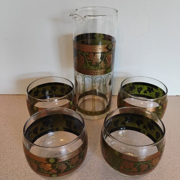 Cera Glass Vintage Golden Grapes Cocktail Pitcher and 4 Tumblers Set, Very Rare - Picture 2 of 5